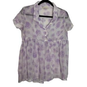 Vtg Epix Purple Y2K Whimsygoth Floral Sheer Blouse With Split Front Made In USA